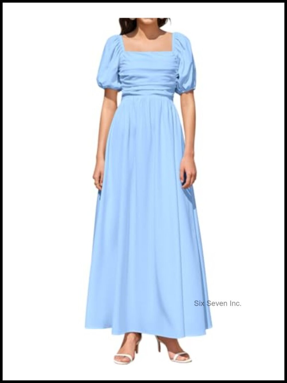 Women Puff Sleeve Square Neck A-Line Maxi Dress Casual Long Summer